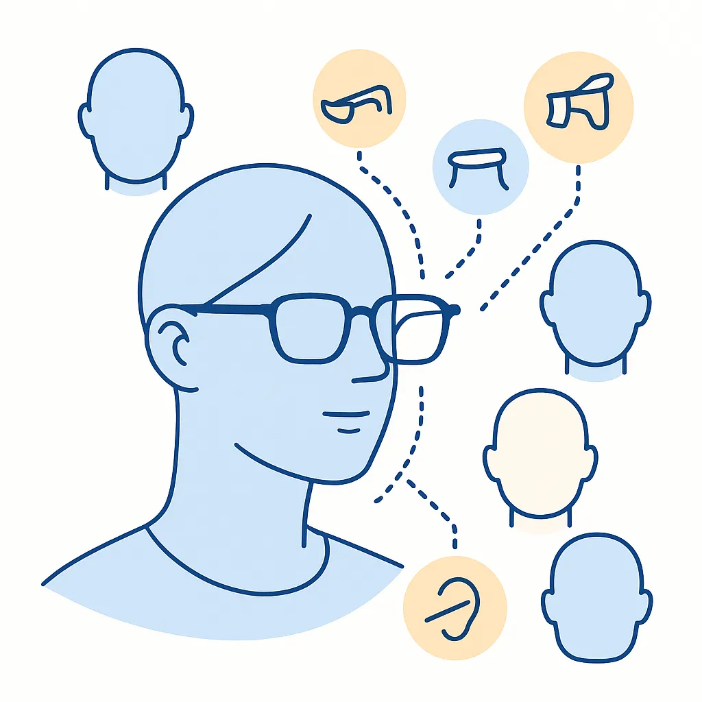 Multiple head outlines and icons demonstrate adjustable nose pads and hinges, connected by dotted lines to a central pair of glasses.