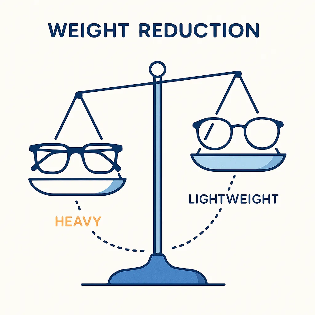 A scale compares heavy traditional glasses to lightweight comfort-first frames, with dotted lines and labels showing the weight difference.