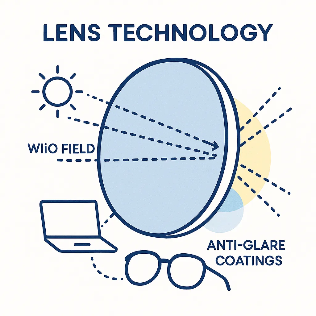 A large lens shows dotted rays and glare reduction icons, featuring sun and screen symbols to illustrate wide field and anti-glare coatings.