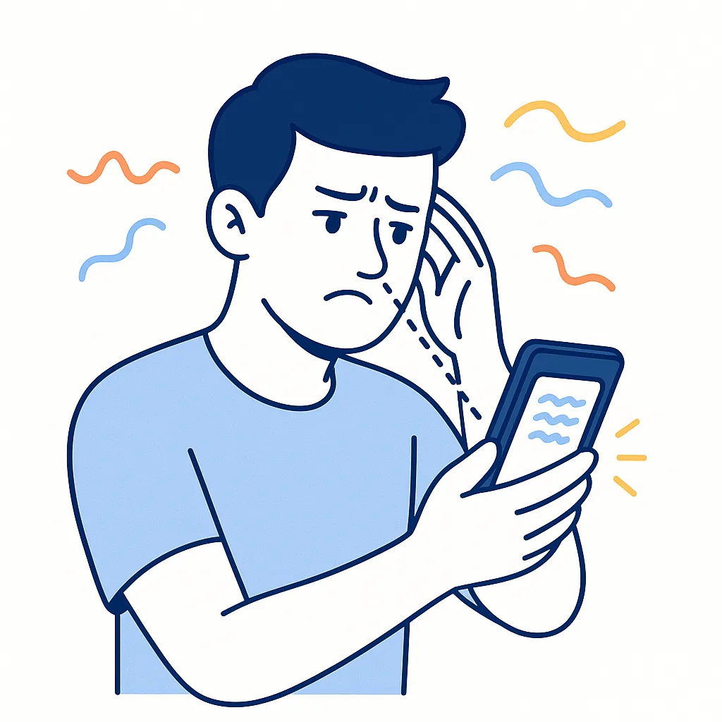 Illustration of a man squinting at his phone with wavy lines showing ignored headaches and eye strain signals.