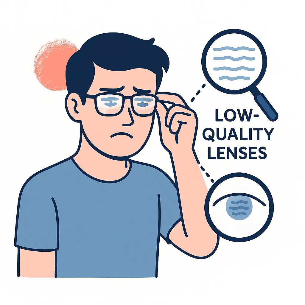 A worried man wearing distorted glasses is linked to magnified views of glare, underscoring the downsides of low‑quality lenses.