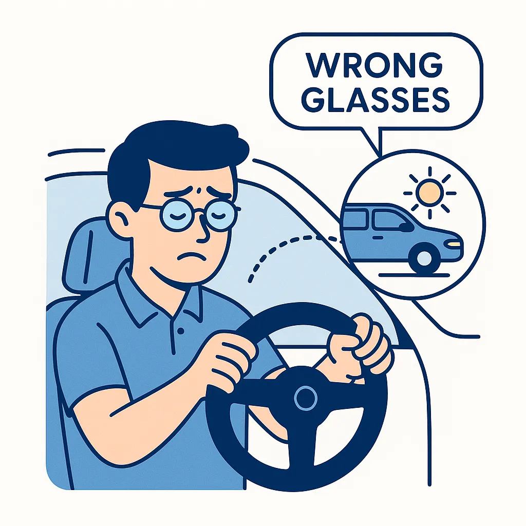 Driver wearing the wrong glasses looks distressed as dotted lines connect to bright glare, highlighting poor vision during driving.