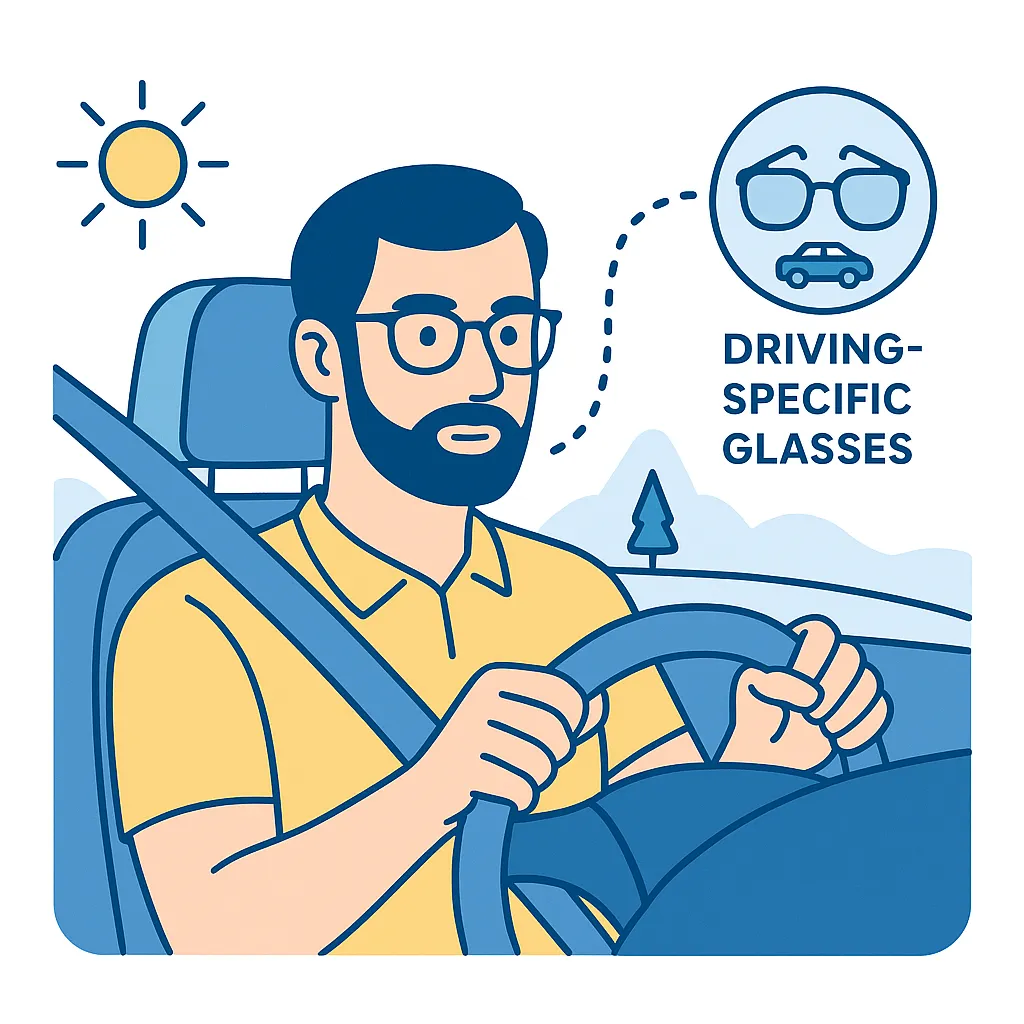 Bearded man confidently drives wearing purpose-built driving glasses, with a dotted bubble indicating specialized eyewear.