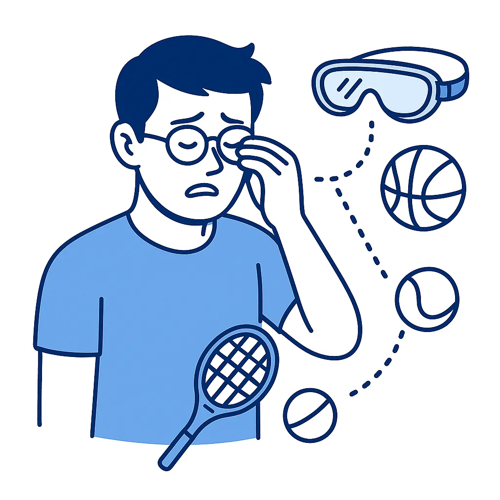 Man without protective glasses is surrounded by sports balls, with a dotted path leading to goggles, showing the value of safety eyewear.