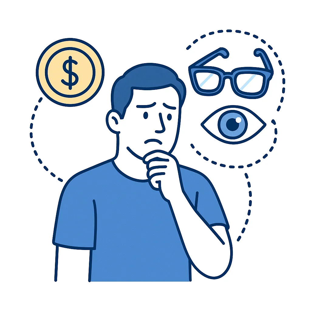 Busy man weighs finances against eye health as dotted lines link money, glasses and an eye icon, illustrating neglected vision care.