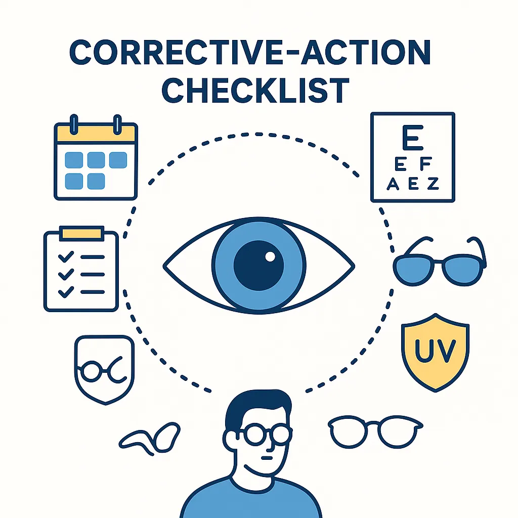 Central eye icon surrounded by dotted lines connecting various vision care icons like exams, lenses and UV protection.