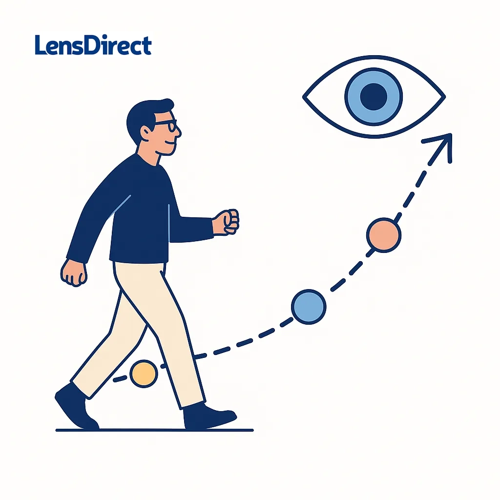 Man walks along an upward dotted path towards an eye, symbolizing that steady vision care habits lead to long-term clarity.