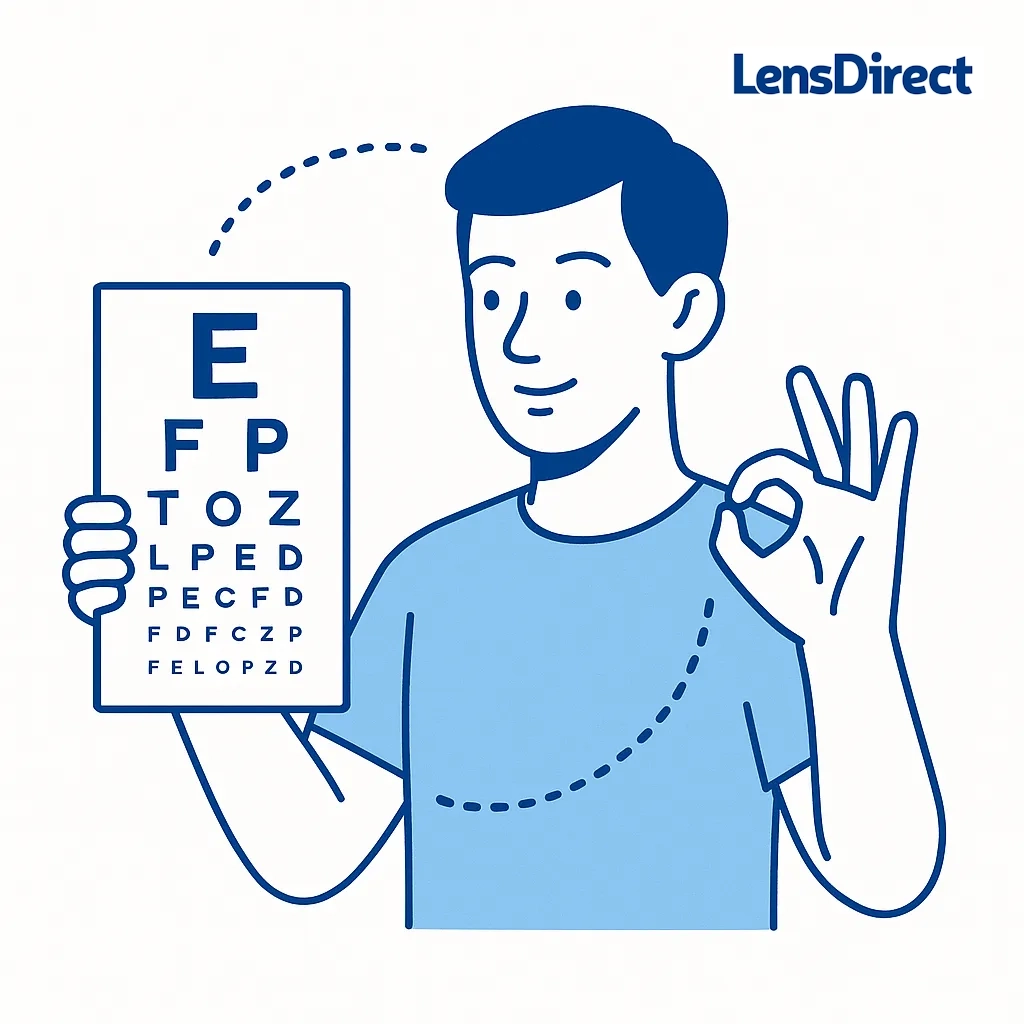 Smiling man holds an eye chart and makes an OK sign, representing the benefits of regular eye exams.