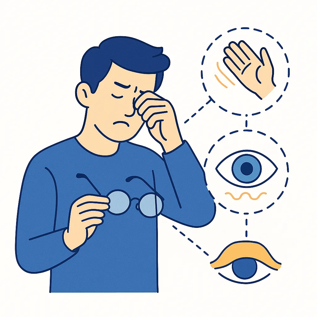 Man removes old glasses and rubs his eyes while dotted icons depict headaches and blurred vision from an outdated prescription.