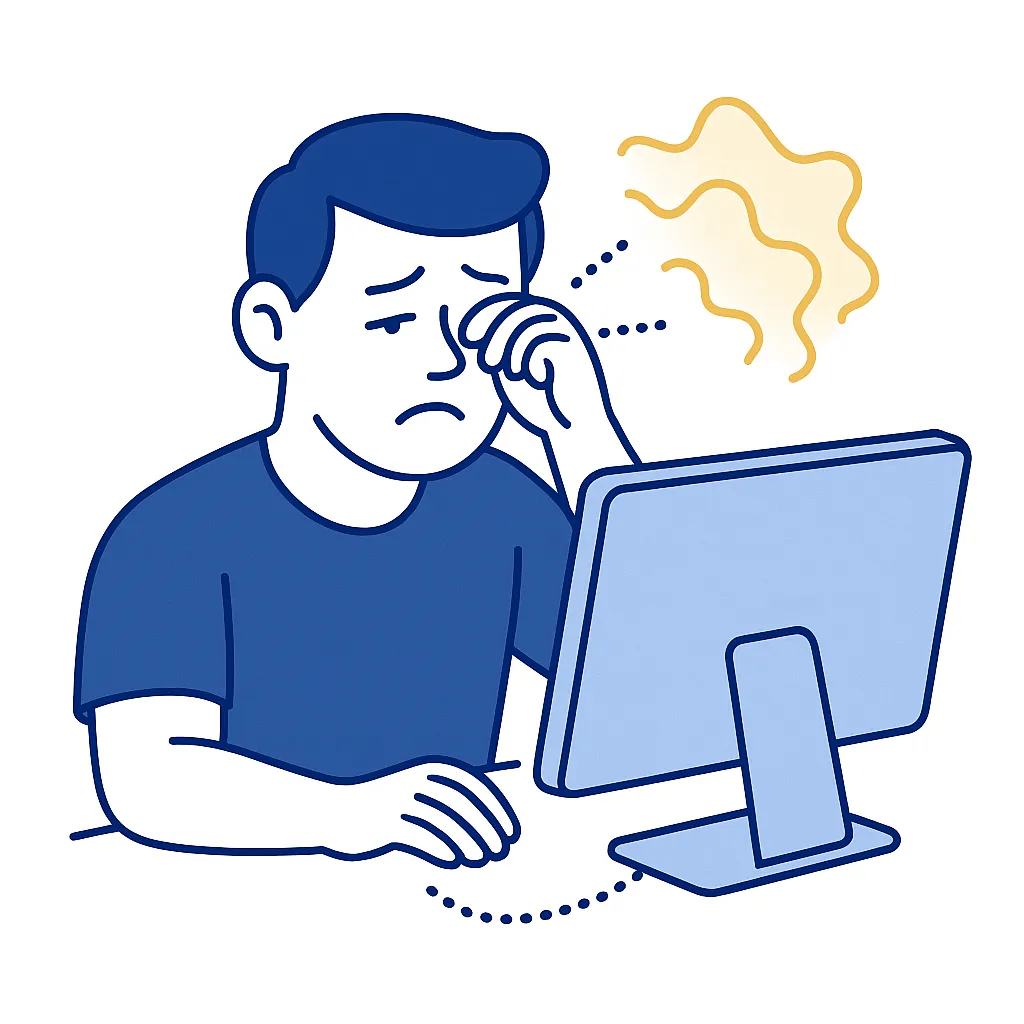 Man at a glowing computer rubs his eyes as dotted lines link the screen to eye strain, illustrating screen-induced dryness.