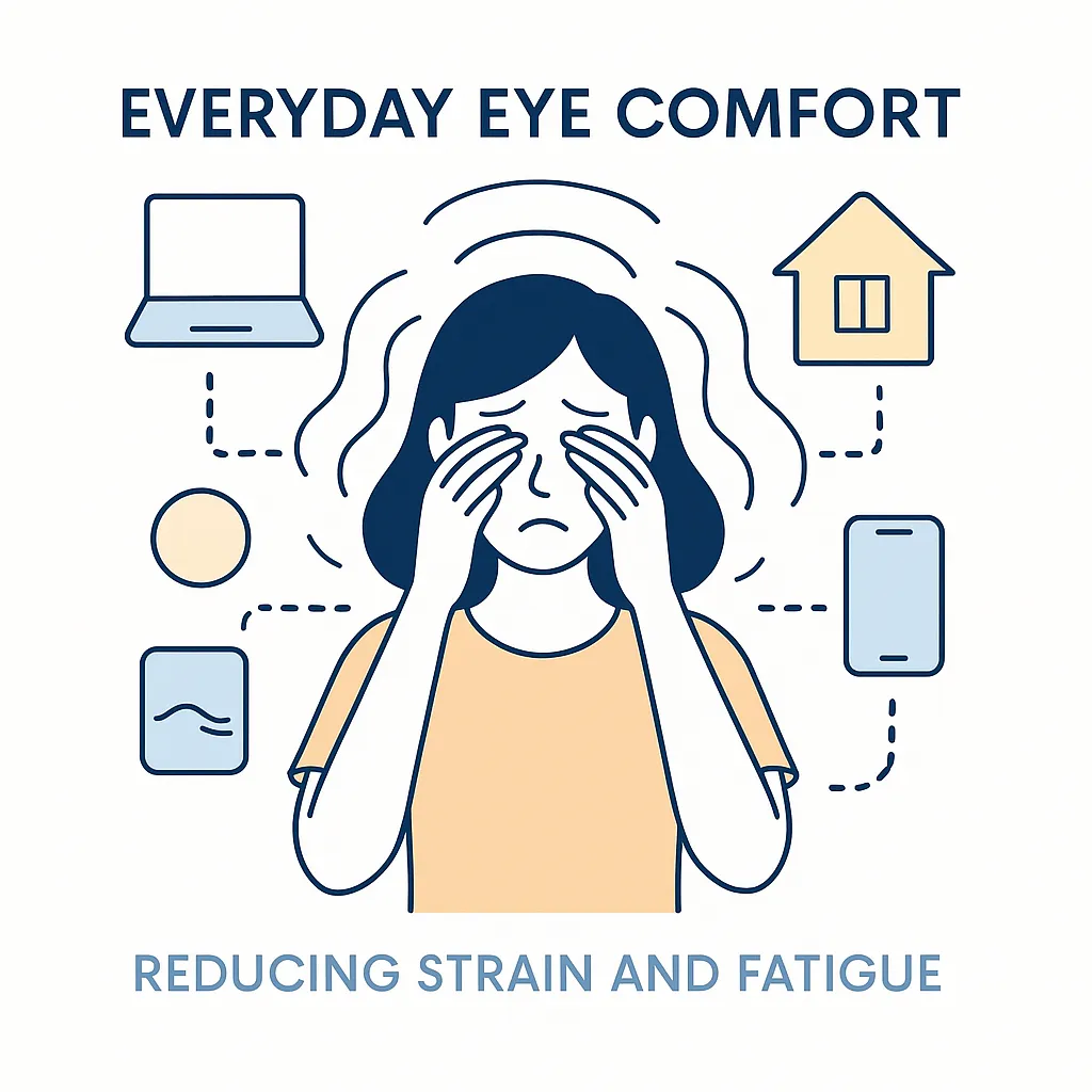 Illustration of a woman rubbing tired eyes with dotted-line icons of a laptop, house, and phone reflecting daily visual demands.