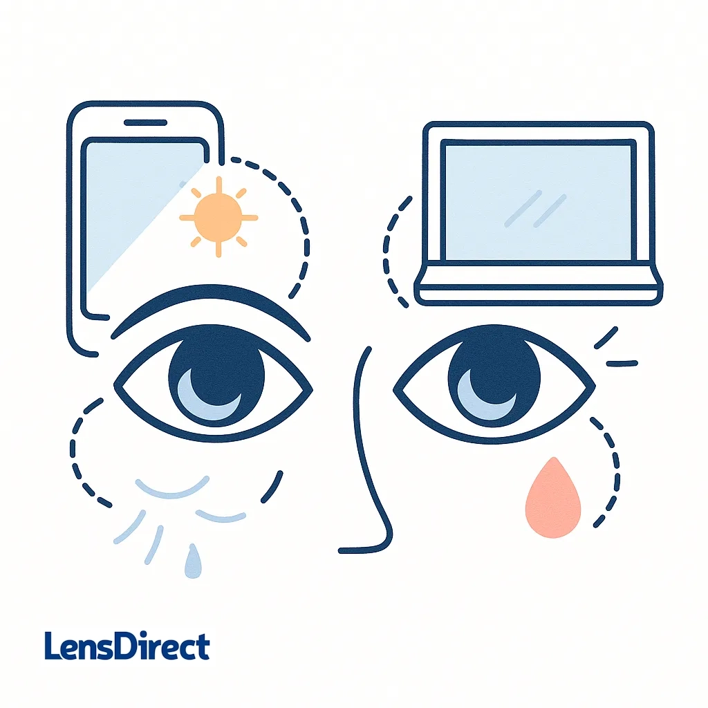 Two large eyes with dotted-line links to a phone and laptop, plus teardrop icons showing dryness and strain from screens.