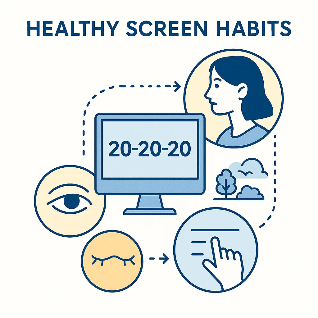 Infographic with a monitor displaying 20-20-20 and icons of a woman looking away, blinking, and adjusting text size to reduce eye strain.
