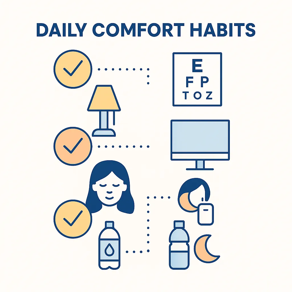 Grid of icons with check marks, lamp, eye chart, monitor, face, water bottle, and moon demonstrating daily habits to protect eyes.