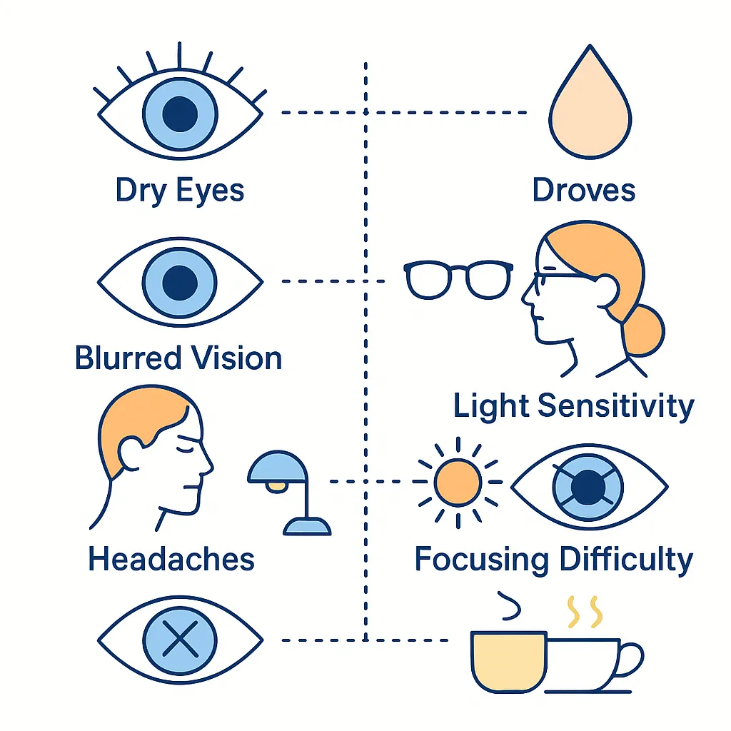 Diagram linking icons of dry eyes, blurred vision, headaches, light sensitivity, and focusing issues to corresponding remedies with dotted lines.