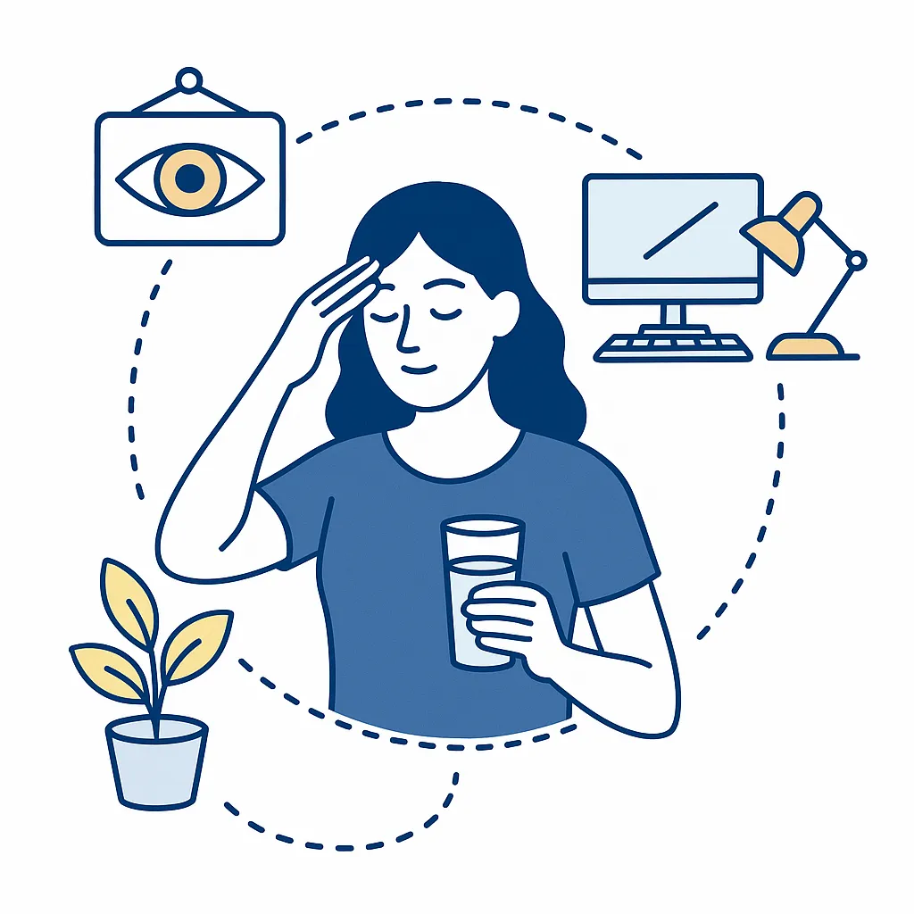 Woman holding a glass of water with dotted-line cycle connecting an eye chart, ergonomic desk, and plant to illustrate ongoing eye care.