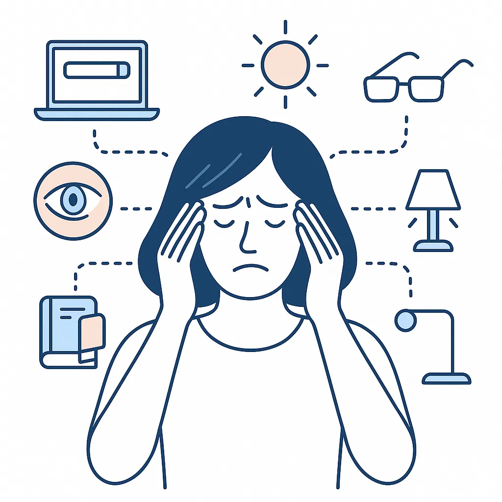 A woman surrounded by icons of a computer, eye, sun, lamp, and glasses showing multiple factors contributing to eye strain.