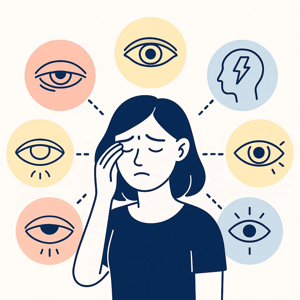 A woman with a headache surrounded by colorful circles containing eye and head icons representing symptoms like blurred vision and pain.
