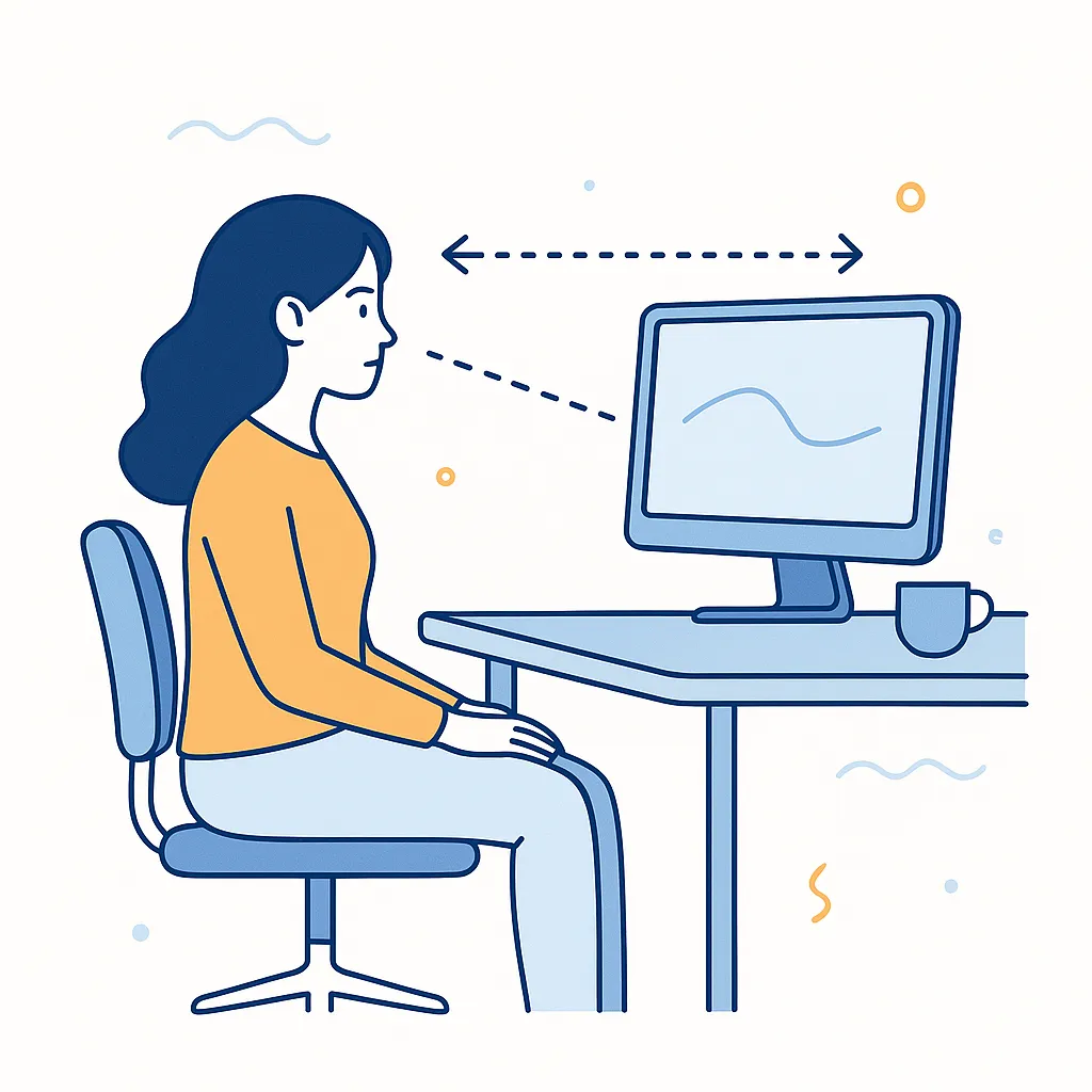 Side view of a woman at a desk with arrows showing correct monitor height and distance for reduced eye strain.