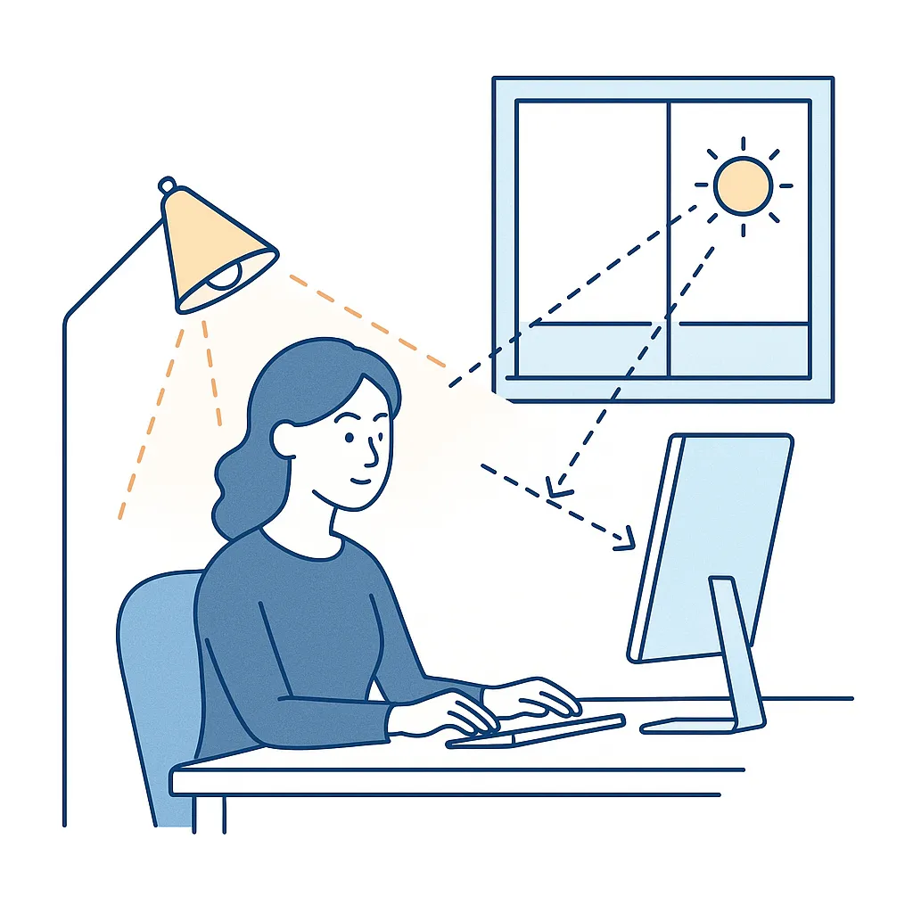 Illustration of a woman at a desk with arrows indicating glare from a window and soft lamp lighting for balanced illumination.