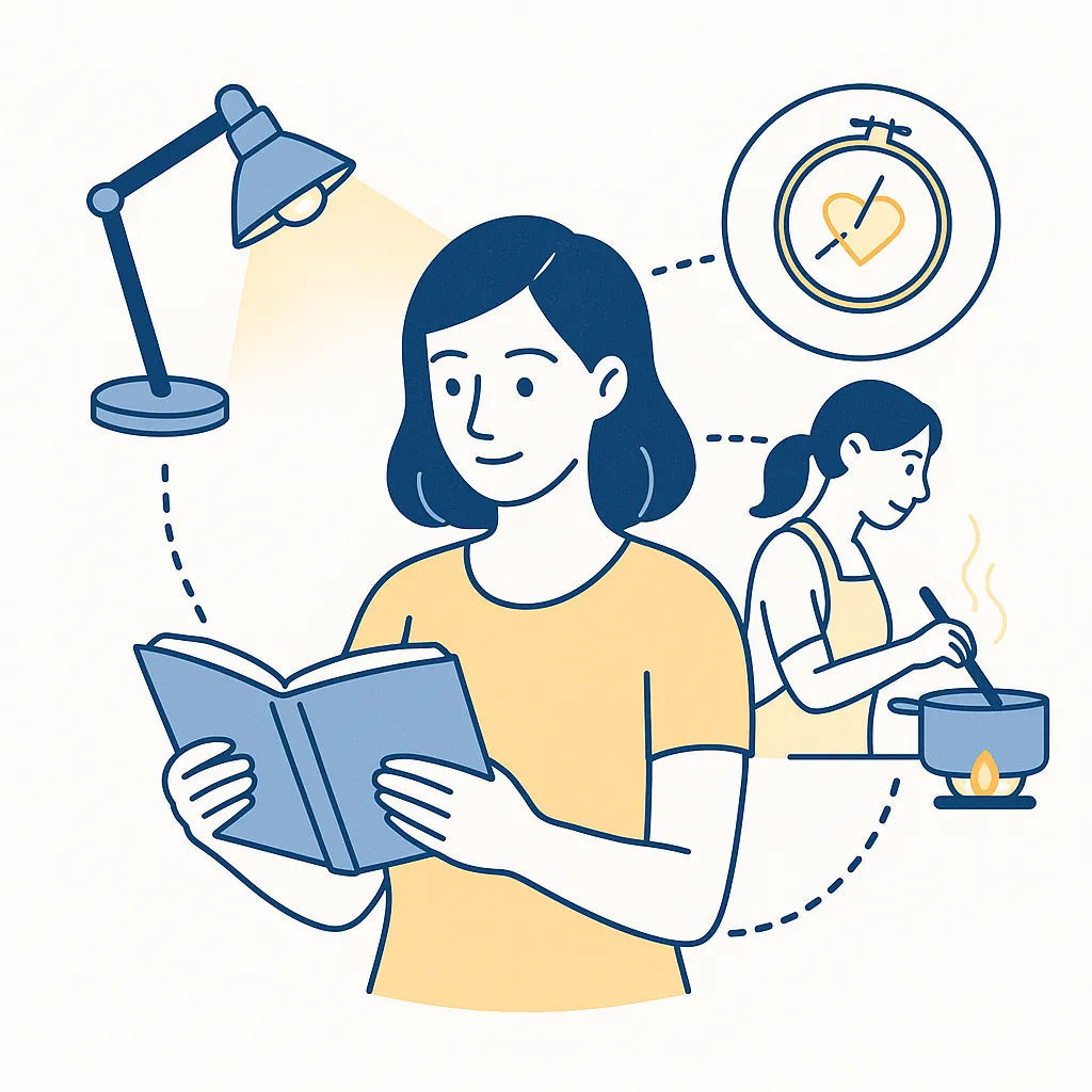A woman reading under a lamp with dotted lines connecting to scenes of cooking and crafting, emphasizing proper lighting.