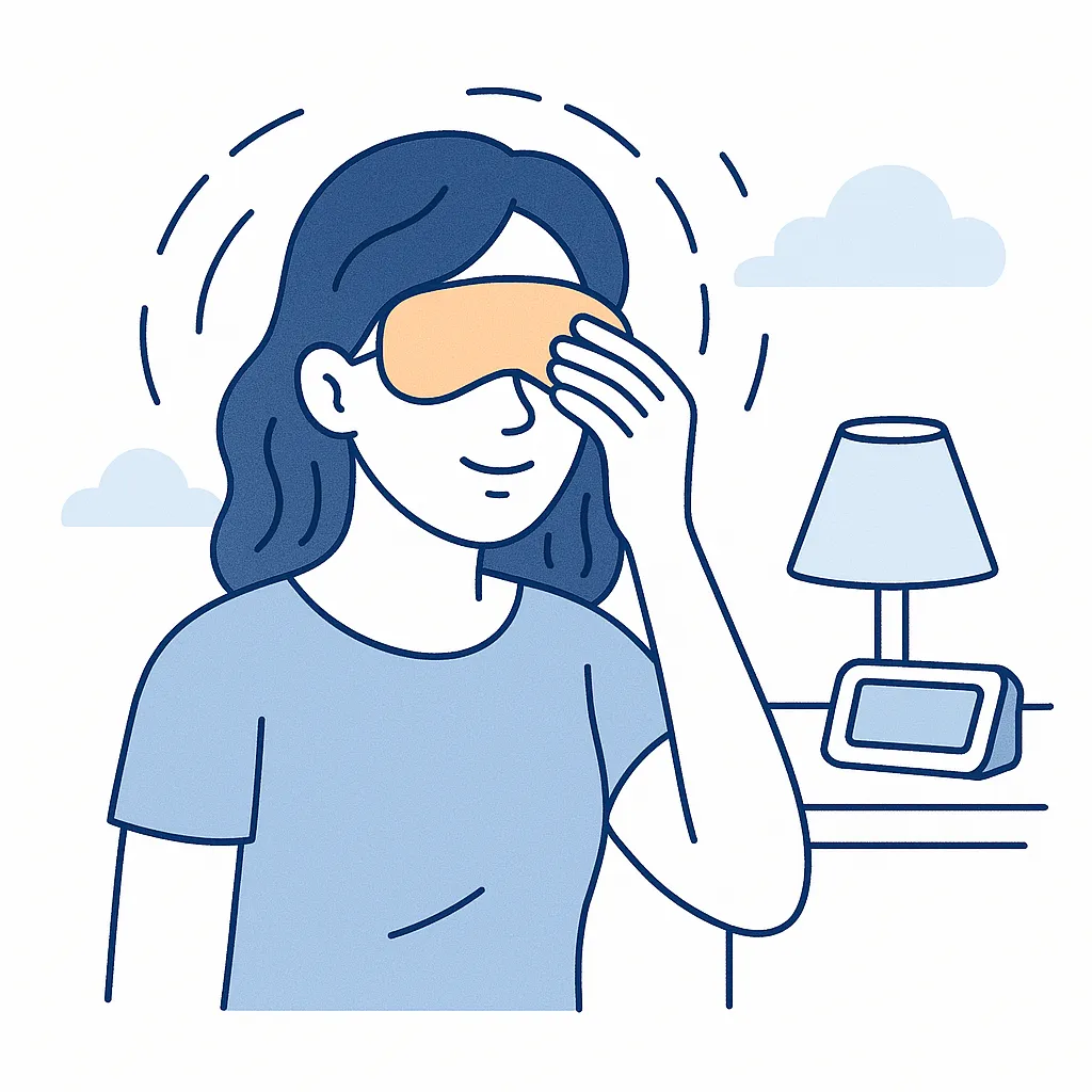 A woman wearing a warm eye mask relaxes at home, showing evening routines to relieve eye strain.