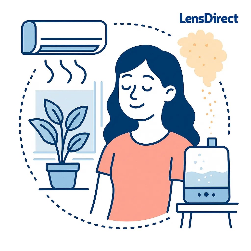 A woman with a plant, humidifier, and air conditioning unit, illustrating how humidity and greenery improve eye comfort.