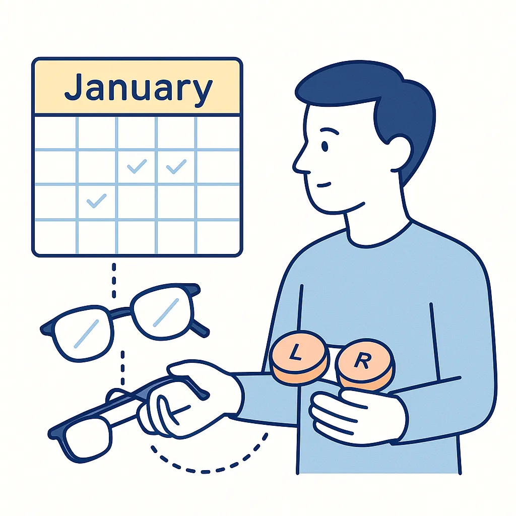 Illustration of a person planning January vision spending with a calendar, glasses, and contact lens case connected by dotted lines.