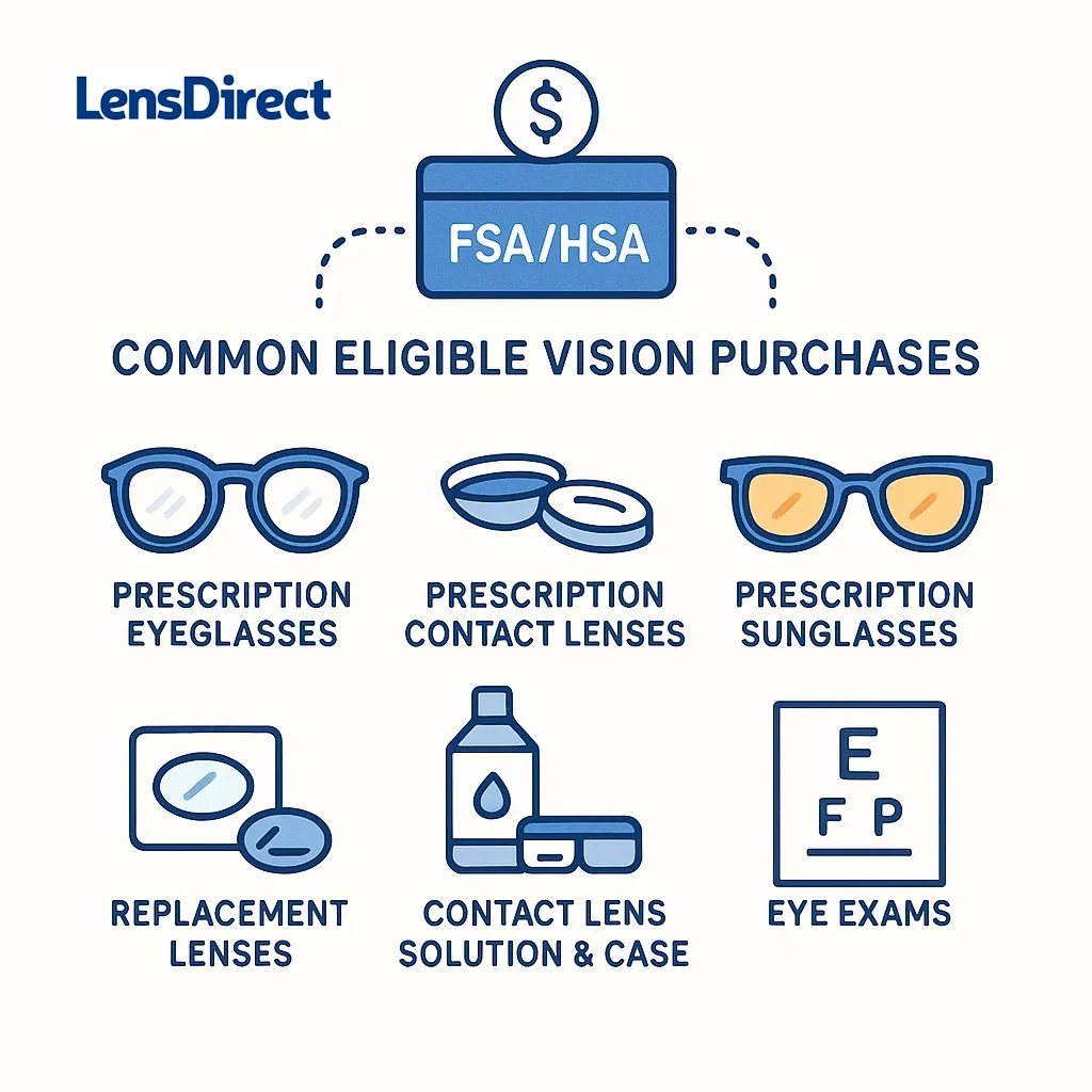 Grid of icons for eligible vision items like eyeglasses, contact lenses, sunglasses, replacement lenses, solution and exams.