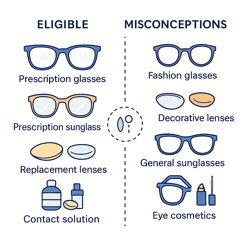 Side by side icons showing eligible items like prescription glasses versus misconceptions such as fashion glasses.