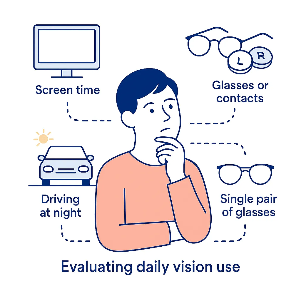 Person thinking with icons for screen time, glasses versus contacts, night driving and single pair usage connected to them.