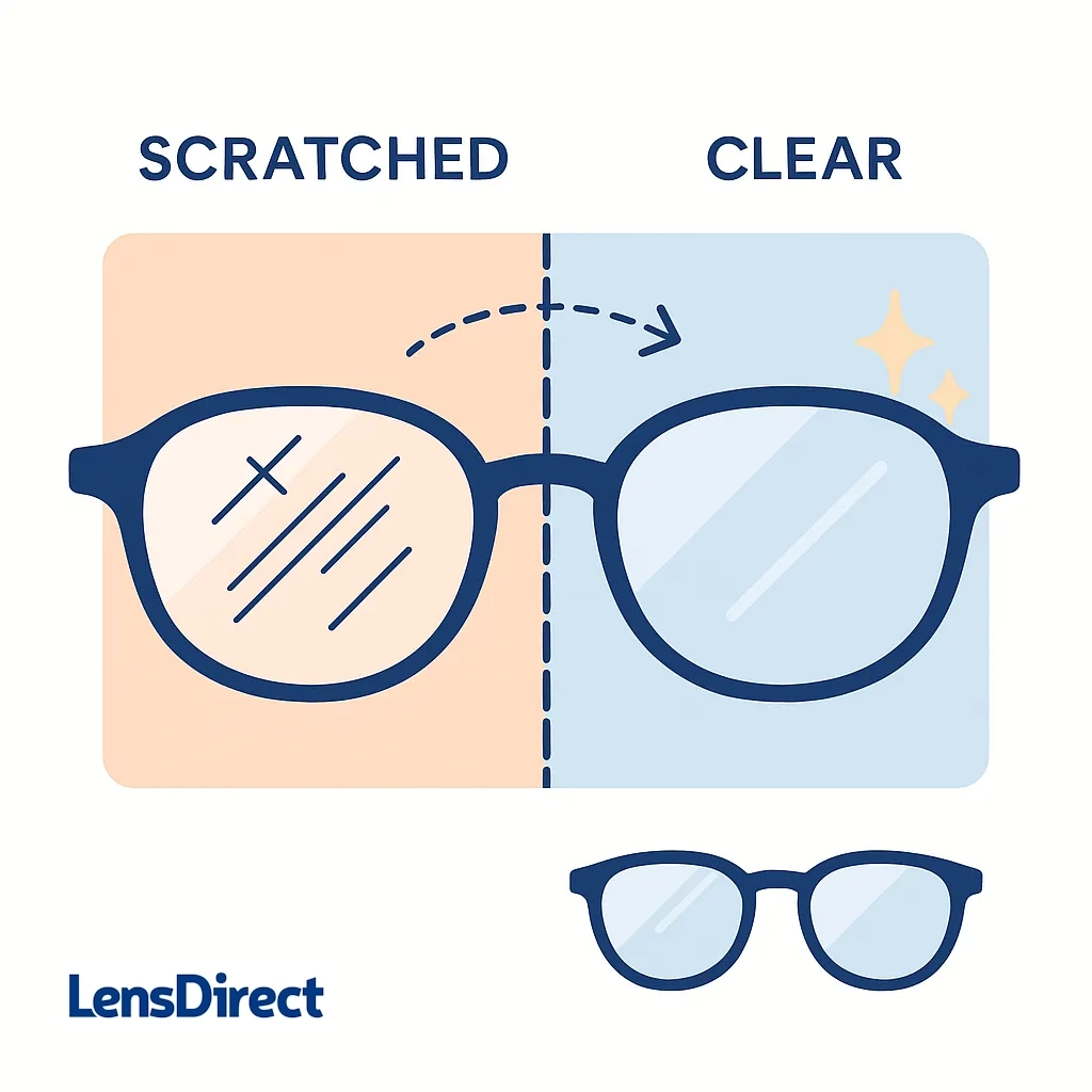 Close up of scratched eyeglass lenses transforming to clear lenses with a dotted arrow to show improvement.