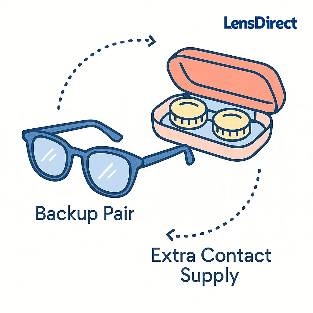 Illustration of backup glasses and spare contact lenses in a protective case connected by dotted lines.