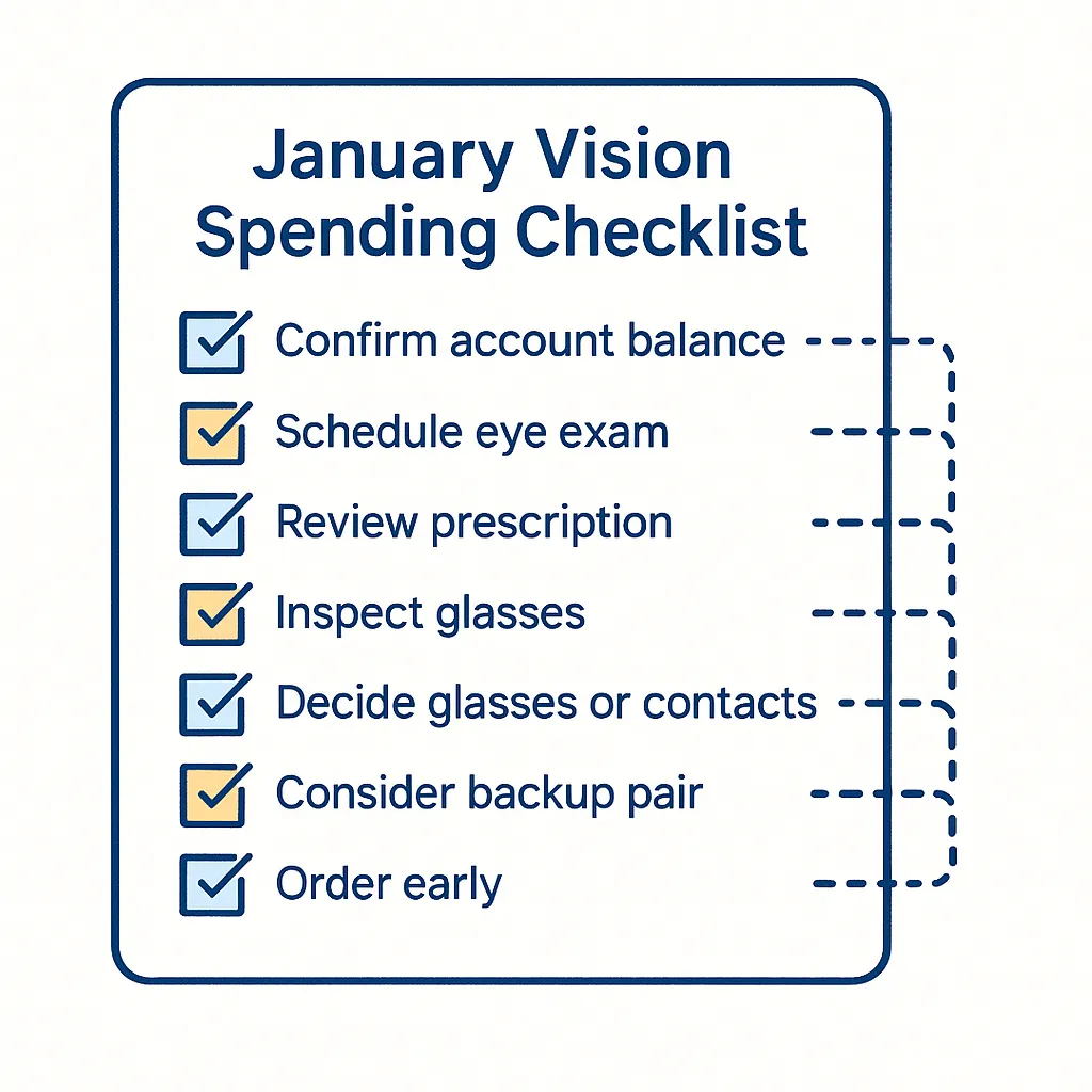 Stylized checklist with items such as confirm balance, schedule eye exam, inspect glasses and order early.
