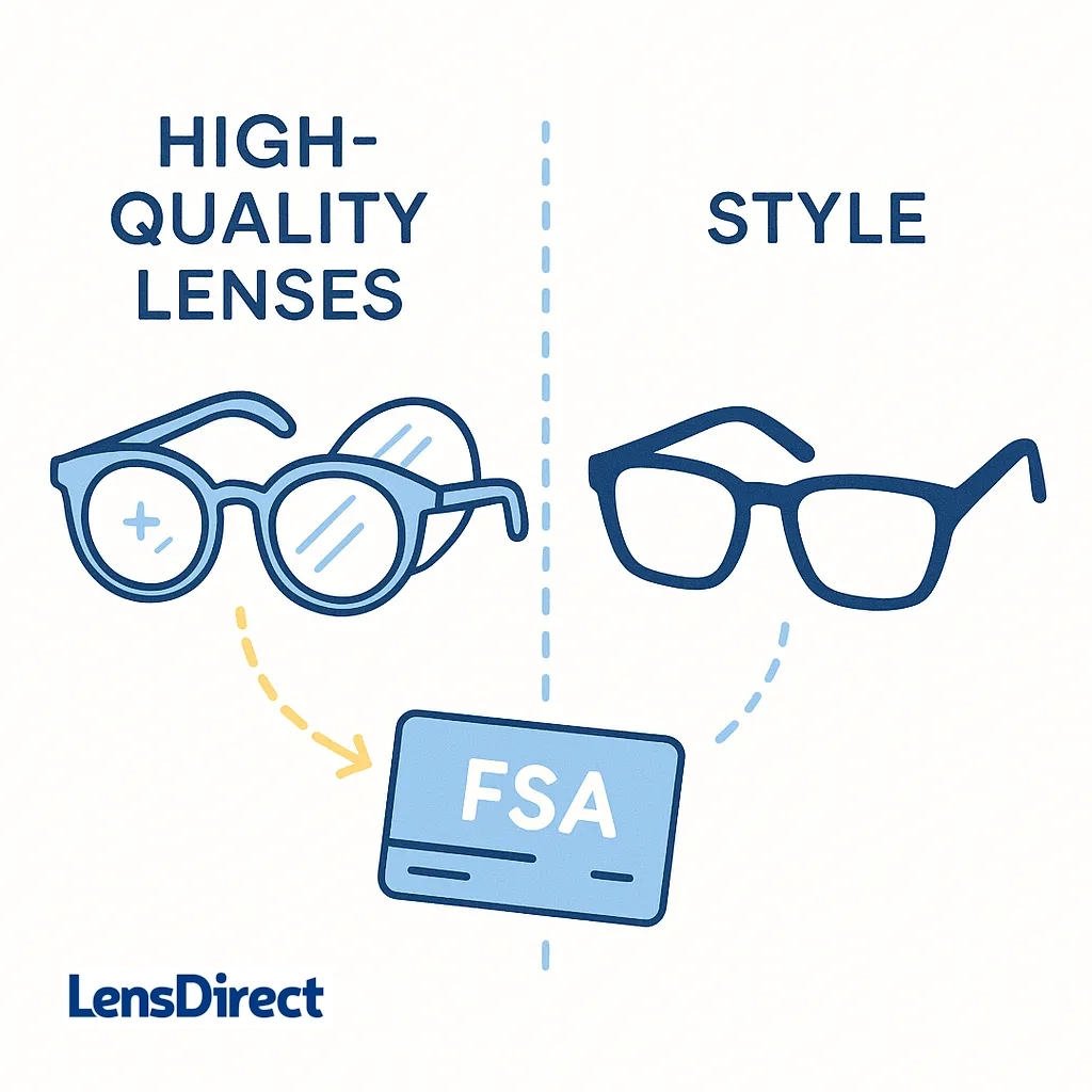 Split illustration contrasting high quality lenses against purely stylish frames connected to an FSA card.
