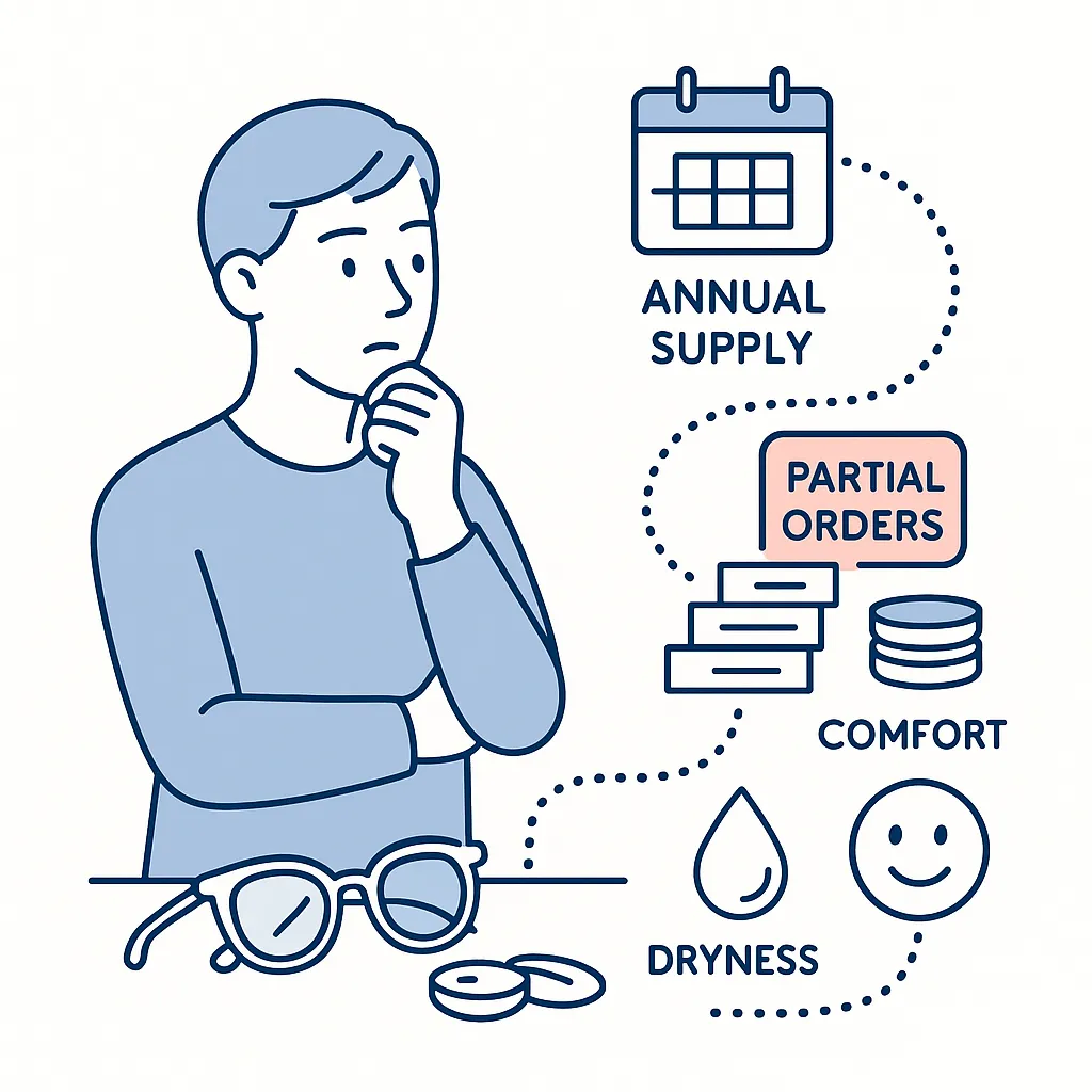 Person considering annual supply versus partial orders of contacts with icons for comfort and dryness.