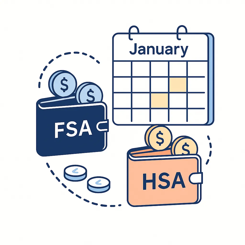Infographic with FSA and HSA wallets full of coins connected to a January calendar representing fresh account balances.