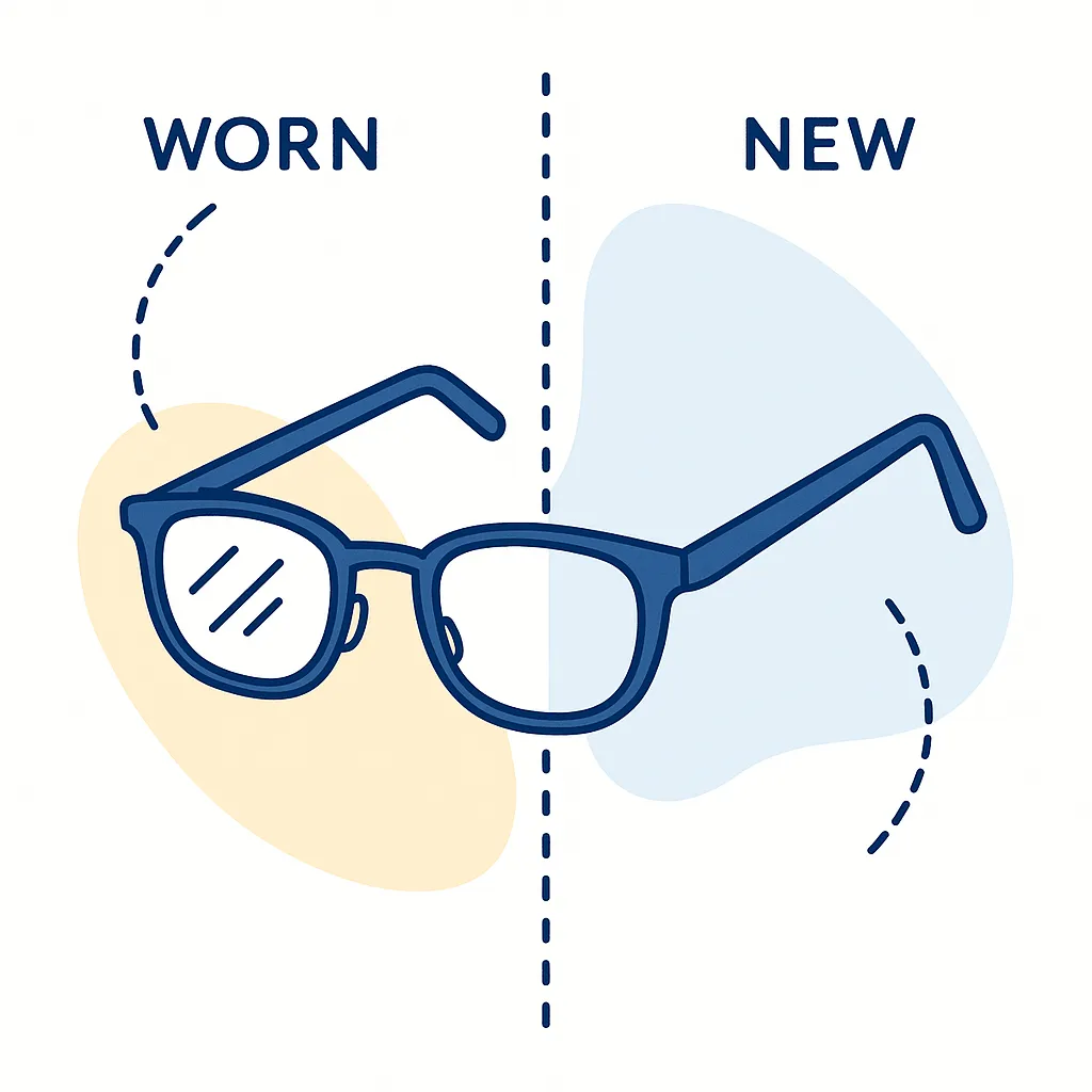 Split screen showing worn scratched glasses on one side and new clear glasses on the other connected by dotted line.