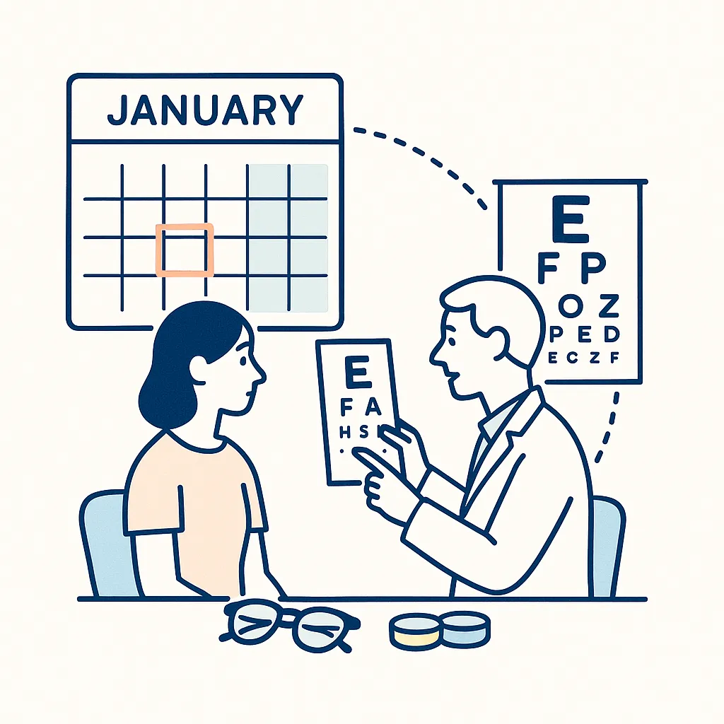 Optometrist performing an eye exam linked to a January calendar highlighting early year vision appointments.