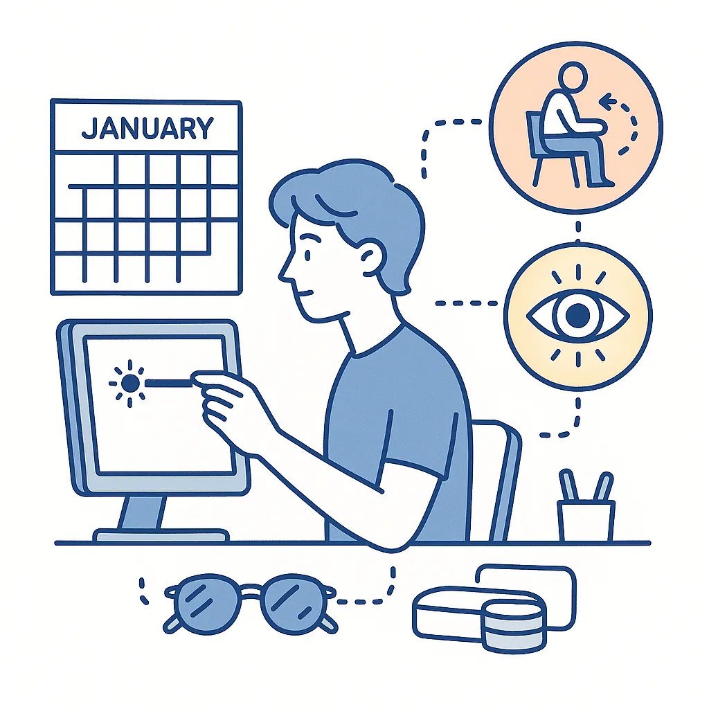Person adjusting computer brightness and icons for breaks and eye exercises connected to a January calendar.