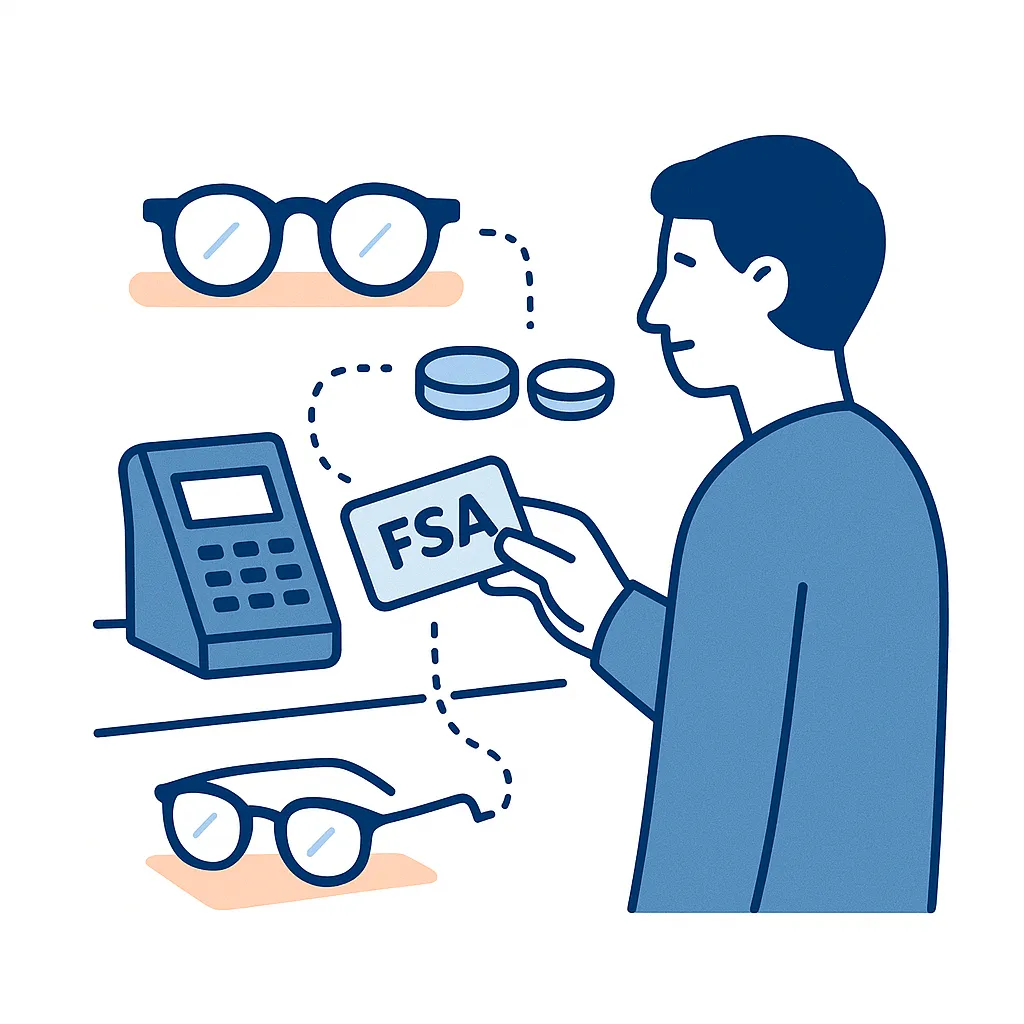 Person swiping an FSA card at an optical counter with glasses and contact lenses connected by dotted lines.