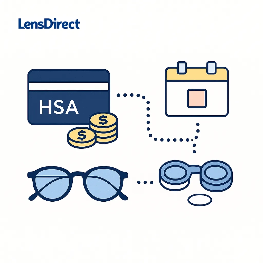 HSA card with coins and calendar icons connected to glasses and contacts illustrating rollover funding.