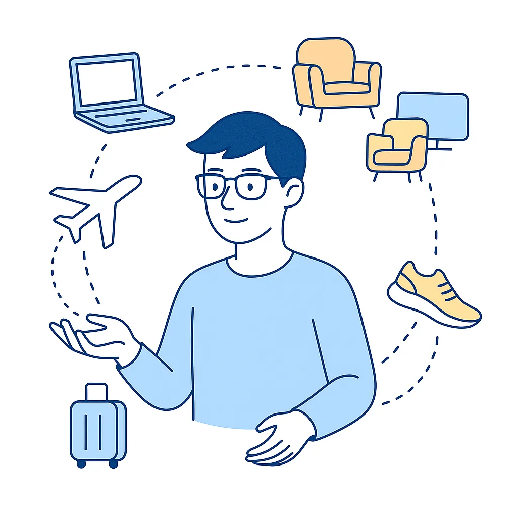 A central figure surrounded by icons representing work, home, travel, and exercise connected by dotted lines.