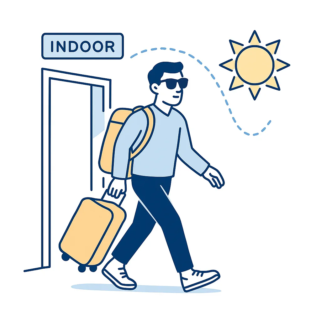 A traveler moves from indoors to bright sunlight wearing sunglasses, with dotted lines showing lighting change.
