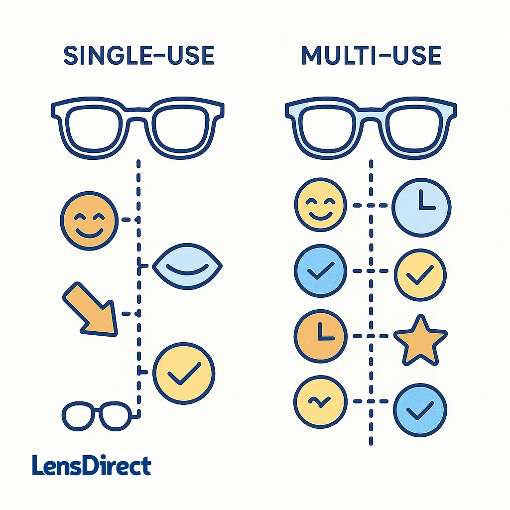 Central glasses connect via dotted lines to icons of sweat, dust, wind, and light changes.
