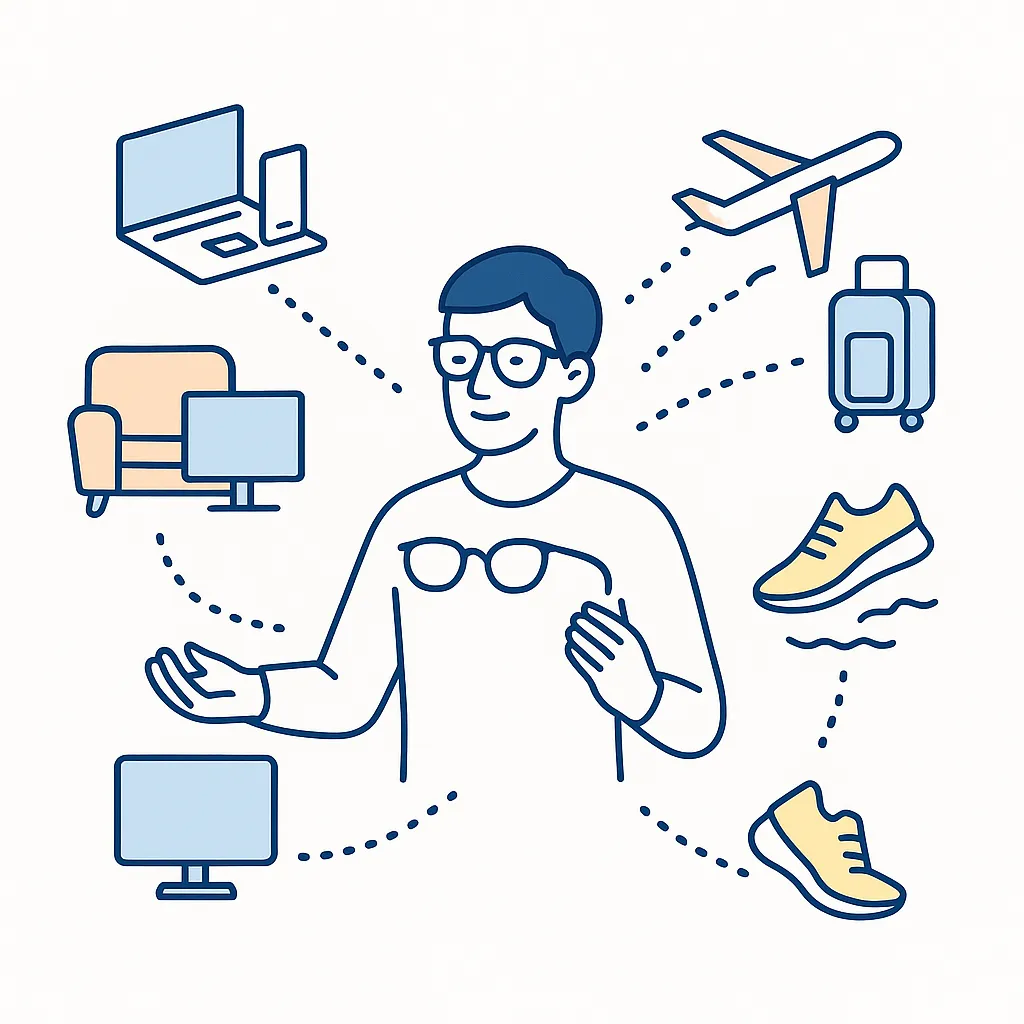 People choose different glasses from a row with dotted lines linking them to specific contexts like work or travel.