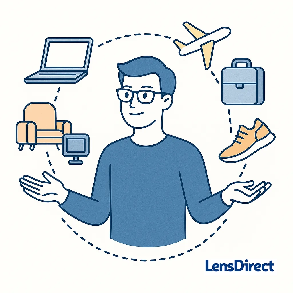 Glasses are connected by dotted lines to a contact lens case, VR headset, and smartphone, symbolizing a vision toolkit.