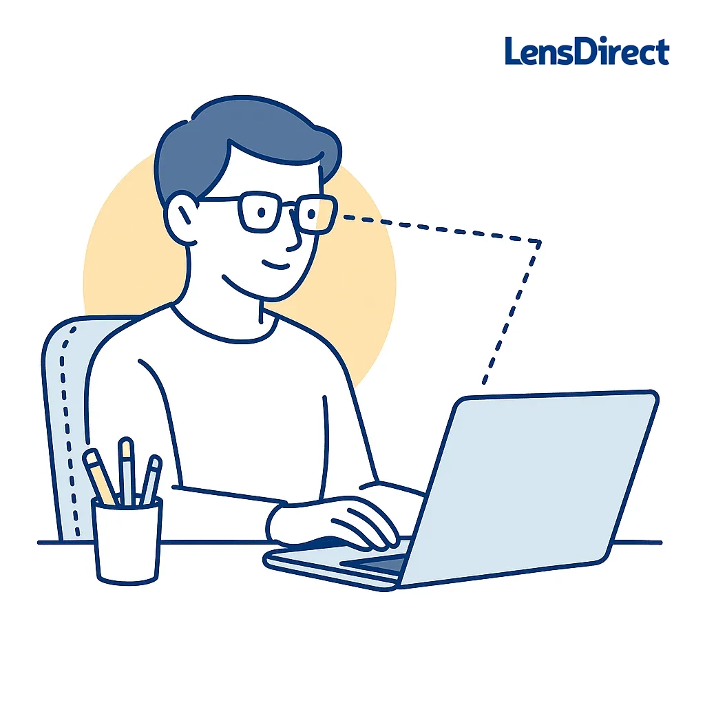 Futuristic glasses with layered lenses and icons for blue light filtering, adjustable focus, and affordability.