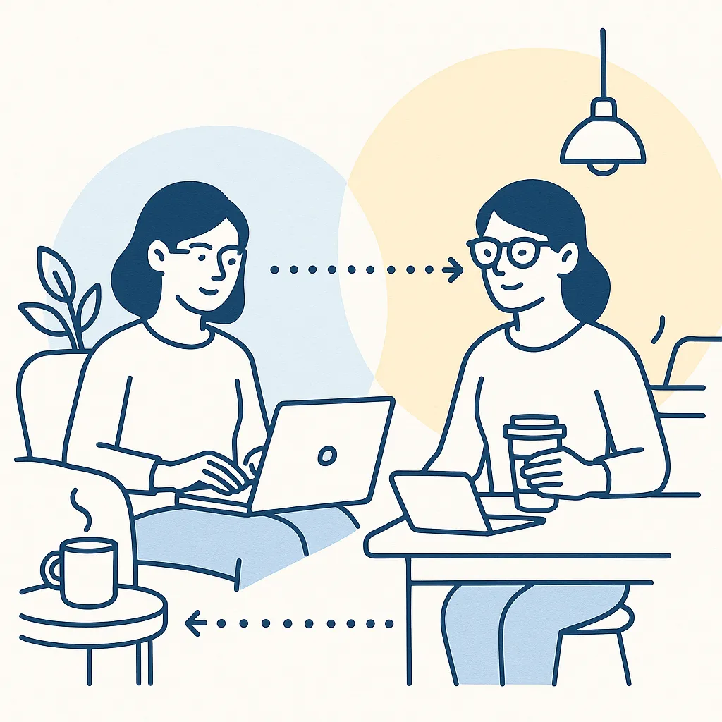 Two people talk in a meeting room with dotted lines highlighting clear mid‑distance vision across the table.