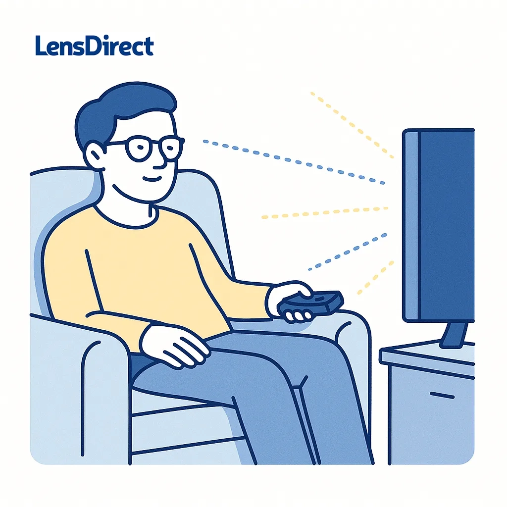 A person reads in a cozy chair with dotted lines indicating close range, symbolizing reading glasses comfort.